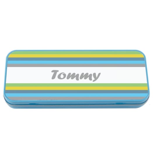 Named Pencil Tin - Blue Stripes