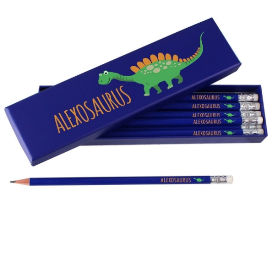 Personalised Dinosaur Box of 12 Blue HB Pencils
