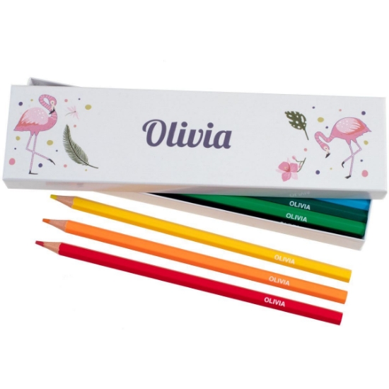 Box of 12 Named Colouring Pencils - Flamingos