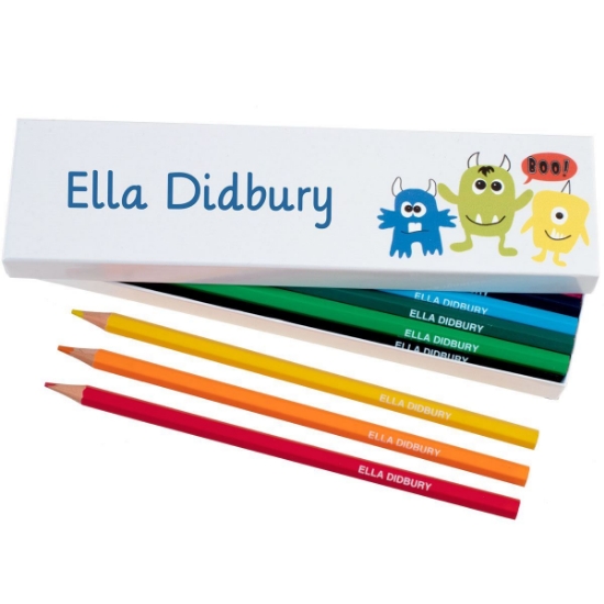 Box of 12 Named Colouring Pencils - Little Monsters