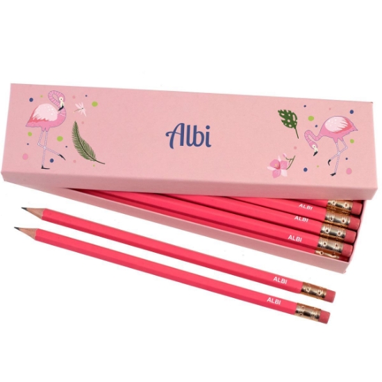Box of 12 Named HB Pencils - Flamingos