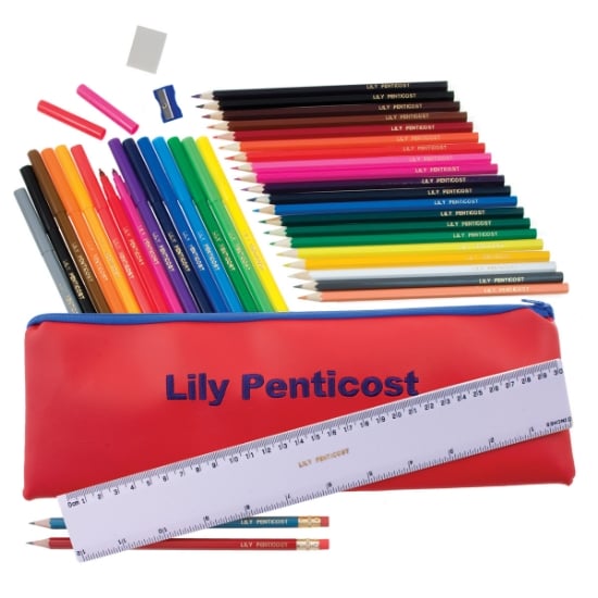 Embroidered Jumbo Pencil Case - Red