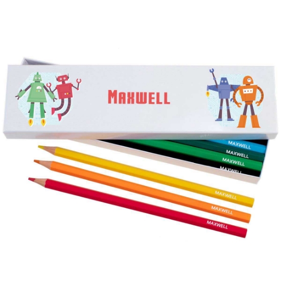 Box of 12 Named Colouring Pencils - Robots